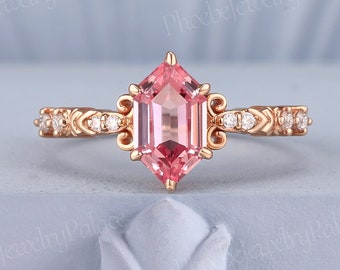 Unik persikofärgad safir förlovningsring med hexagonal safir, vigselringar för kvinnor i massivt guld med diamanter, vintage handgjord present