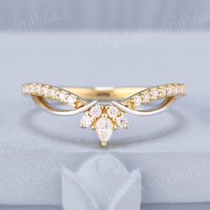 Vintage Curved Wedding Band Two Tone Gold Unique Moissanite Wedding Rings for Women Vine Stackable ring Chevron Matching Band Custom Ring