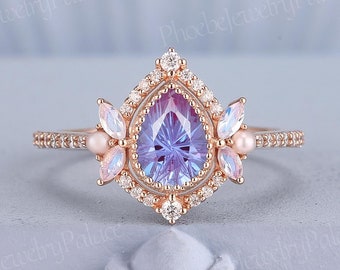 Einzigartige Cut Alexandrit Verlobungsring Gold Birne Eheringe für Frauen Gold Mondstein Perle Diamant Cluster Cocktail Ring Geschenk Custom