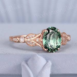 Vintage  Green Sapphire Engagement Ring Natural Inspired Wedding Rings for Women Gold Unique Flora Ring Diamond Cluster Antique Ring
