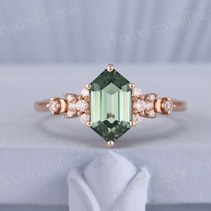 Unique Green Sapphire Engagement Ring Hexagon Sapphire Wedding Rings for Women Solid Gold Diamond Cluster Ring Vintage Handmade Ring Gift