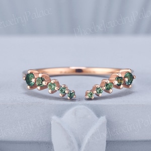 Art Deco Natural Green Sapphire Curved Wedding Band for Women Open Wedding band Rose Gold Delicate Stacking Ring Band V Shaped Ring Custom
