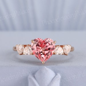 Art Deco Heart Pink Sapphire Engagement Ring Rose Gold Unique Five Stone Love Rings for Women Moissanite Anniversary Gift for Her Christmas