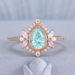 Vintage Grün Saphir Verlobungsring Zarte Mini Feuerwerk Saphir Hochzeitsringe für Frauen Mondstein Perle Cluster individuelles Geschenk für sie