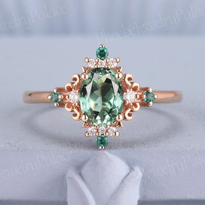 Vintage Green Sapphire Engagement Ring Oval Minimalism Wedding Ring Solid Gold Emerald Diamond Cluster Ring Anniversary Handmade Gift