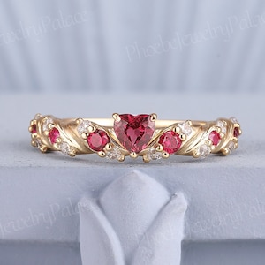 Unique Heart Cut Ruby Engagement Ring Gold Inspired Lace Love Rings for Women Moissanite Ruby Cluster Ring Handmade Anniversary Ring Custom