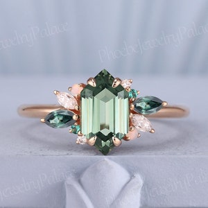 Unique Hexagon Green Sapphire Engagement Ring Gold Natural Sapphire Opal Diamond Cluster Wedding Rings for Women Anniversary Gift for Her