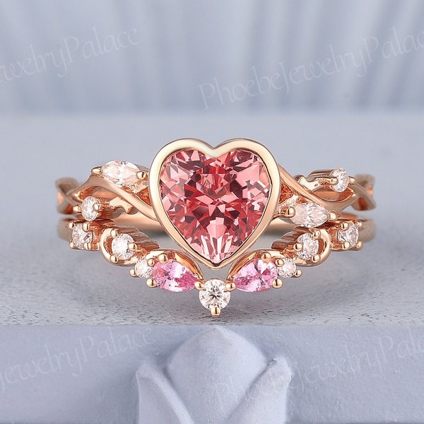 Unique Heart Cut Peach Pink Sapphire Engagement Ring Set Bezel Rings Inspired Branch Love Rings for Women Handmade Anniversary Ring Custom