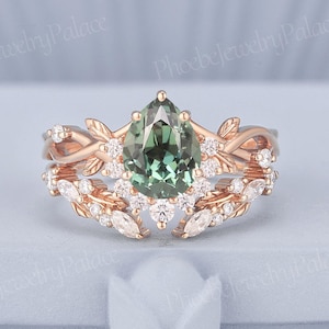 Vintage Green Sapphire Engagement Ring Set Delicate Pear Wedding Ring Gold Nature Inspire Leaf Ring Set Handmade Anniversary Gift for Her