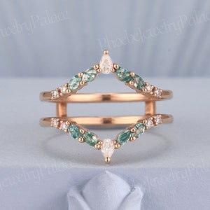 Art Deco Double Moss Agate Moissanite Curved Weeding Band Danity Rings for Women Unique Enhancer Stackable Rings for Women Anniversary Gift