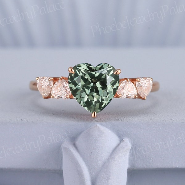 Art Deco Heart Olive Green Sapphire Engagement Ring Rose Gold Unique Five Stone Love Rings for Women Moissanite Anniversary Gift for Her