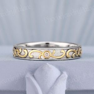 Vintage Moissanite Filigree Two Tone Wedding Band Nature Inspired Leaf Wedding Ring Stacking Matching Handmade Jewelry Promise Rings for Men
