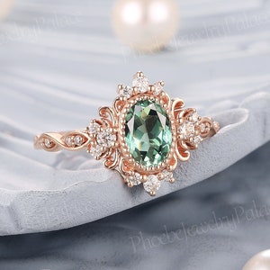 Vintage Olive Green Sapphire Engagement Ring Oval Wedding Rings for Women Solid Gold Diamond Cluster Cocktail Ring Anniversary Handmade Gift