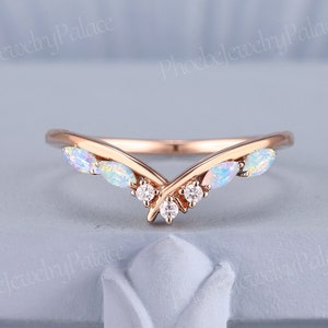 Art Deco Natural White Opal Moissanite Curved Wedding Band Diamond Matching Ring Band Chevron Band V Shaped Ring Anniversary Gift Handmade