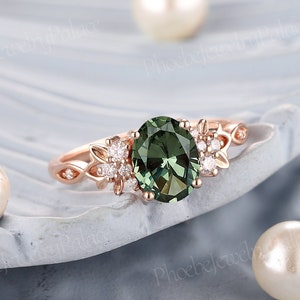Vintage Green Sapphire Engagement Ring Solid Gold Natural Diamond Cluster Wedding Rings for Women Anniversary Christmas Unique Gift