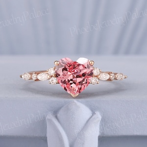 Art Deco Heart Cut Peach Pink Sapphire Engagement Ring Rose Gold Unique Love Rings for Women Moissanite Cluster Anniversary Gift for Her