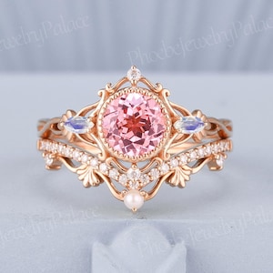 Vintage Rosa Saphir Verlobungsring Set Art Deco Eheringe für Frauen Vintage Moissanit Cluster Ringe Handgemachtes Geschenk für sie