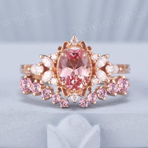 Vintage Pink Sapphire Engagement Ring Set Natural Pink Sapphire Cluster Wedding Rings for Women Gold Diamond Rings Custom Gift for Her