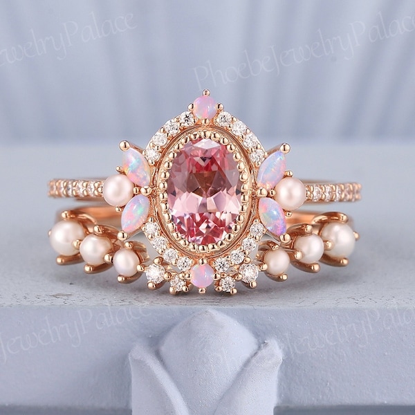 Anello di fidanzamento vintage con zaffiro rosa, set di perle uniche, opale, fedi nuziali mignolo per donna, regalo di anniversario per lei personalizzato