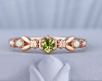 Unique Peridot Birthstone Wedding Ring Art Deco Opal Pearl Solid Gold Stacking Rings for Women Inspired Flower Ring Band Anniversary Gift