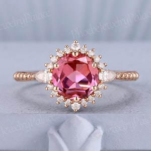 Unique pink sapphire engagement ring solid gold peach sapphire rings for women vintage opal moissanite cluster wedding ring custom ring