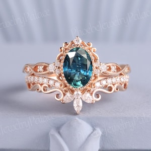 Natural Teal Green Sapphire Engagement Ring Set Vintage Wedding Rings for Women Unique Bridal Set Anniversary Handmade Jeweler Gift for Her