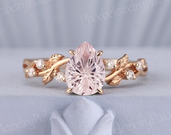 Einzigartige Champagner Rosa Saphir Verlobungsring Gold Hell Rosa Eheringe für Frauen Natur Inspiriert Blatt Ring Jahrestag Geschenk für Sie