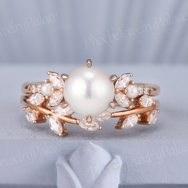 Unique Akoya Pearl Engagement Ring Set Unique Solid Gold Wedding Rings for Women Art Deco Moissanite Curved Wedding Band Handmade Jewelry