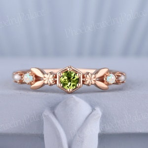Einzigartige Peridot Birthstone Ehering Art-Deco-Opal Perle Solid Gold Stapelringe für Frauen Inspiriert Blumenring Band Jahrestag Geschenk