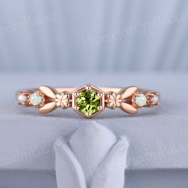 Unique Peridot Birthstone Wedding Ring Art Deco Opal Pearl Solid Gold Stacking Rings for Women Inspired Flora Ring Band Anniversary Gift