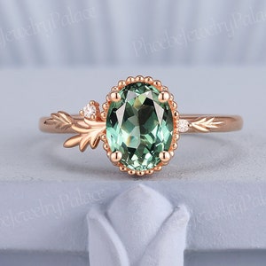 Natural Inspired 2ct Olive Green Sapphire Engagement Ring Minimalism Leaf Wedding Ring Gold Diamond Cluster Ring Anniversary Handmade Gift