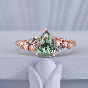 Vintage Olive Green Sapphire Engagement Ring Pear Natural Sapphire Diamond Cluster Wedding Rings for Women Custom Anniversary Unique Gift