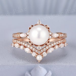 Vintage Akoya Pearl Engagement Ring Set Unique Solid Gold Wedding Rings for Women Art Deco Moissanite Curved Wedding Band Handmade Jewelry