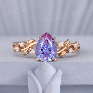 Art Deco Star Cut Alexandrite Engagement Ring Gold Unique Leaf Wedding Rings for Women Nature Inspired Ring Personalized Gift for Her