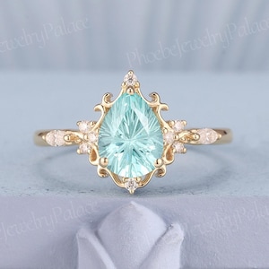 Vintage Green Sapphire Engagement Ring Delicate Mint Green Wedding Rings for Women Gold Diamond Cluster Ring Anniversary Gift for Her Custom