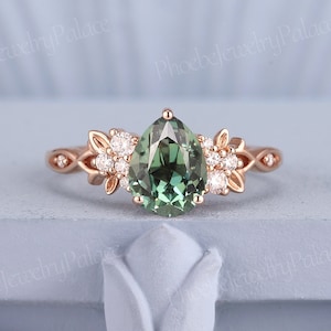Vintage Green Sapphire Engagement Ring Delicate Pear Wedding Ring Gold Moissanite Inspire Leaf Unique Handmade Anniversary Gift for Her