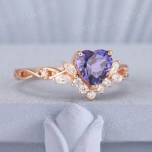 Art Deco Heart Cut Dark Lavender Purple Sapphire Engagement Ring Rose Gold Unique Love Rings for Women Moissanite Anniversary Gift for Her