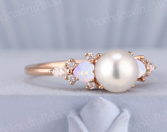 Natural Akoya Pearl Engagement Ring Art Deco Heart Opal Moissanite Pave Wedding Rings for Women Gold Delicate Handmade Gift Unique Ring
