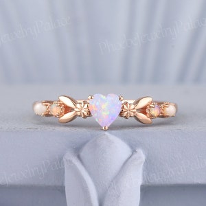 Art Deco Natural Heart Opal Birthstone Stacking Ring Delicate Inspire Flora Wedding Band Unique Opal Pearl Rings for Women Anniversary Gift