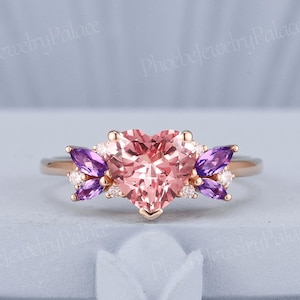 Art Deco Pink Sapphire Engagement Ring Gold Unique Heart Love Wedding Rings for Women Amethyst Moissanite Cluster Ring Custom Gift for Her