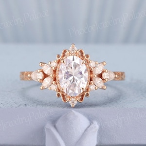 Vintage Moissanite Engagement Ring Rose Gold Unique Oval Wedding Rings for Women Diamond Cluster Filigree Ring Anniversary Gift for Her