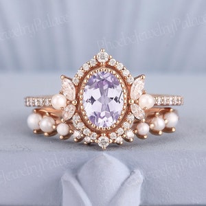 Art Deco Purple Sapphire Engagement Ring Set Vintage Lavender Pearl Cluster Wedding Rings for Women Unique Anniversary Gift for Her Custom
