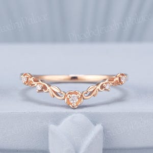 Nature Inspired Moissanite Curved Wedding Band Floral Rosebud Wedding Rings for Women Chevron Band Custom Stackable Band Custom Gift for Her