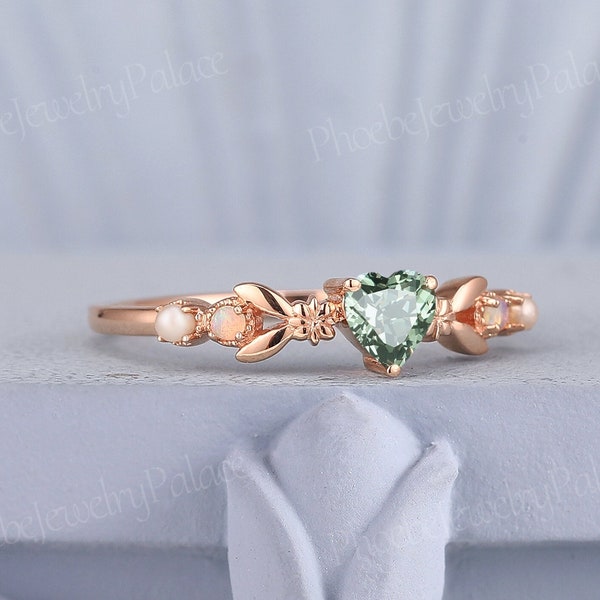 Art Deco Green Sapphire Birthstone Stacking Ring Delicate Inspire Flora Wedding Band Unique Opal Pearl Rings for Women Anniversary Gift