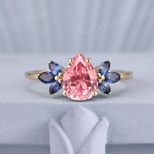 Art Deco Peach Pink Sapphire Engagement Ring Delicate Pear Wedding Rings for Women Gold Natural Sapphire Cluster Ring Unique Gift for Her