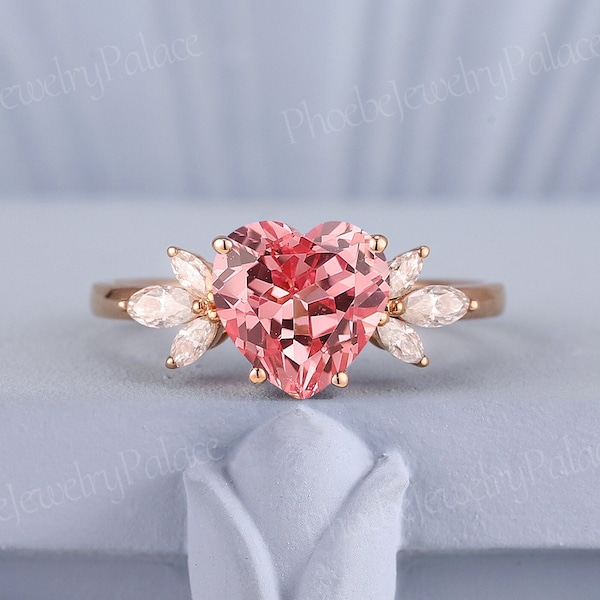 Art Deco Heart Cut Peach Pink Sapphire Engagement Ring Rose Gold Unique Love Rings for Women Moissanite Cluster Anniversary Gift for Her