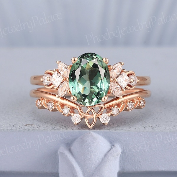 Unique Olive Green Sapphire Engagement Ring Set Oval Vintage Moissanite Wedding Rings for Women Art Deco Celtic Ring Set Anniversary Gift