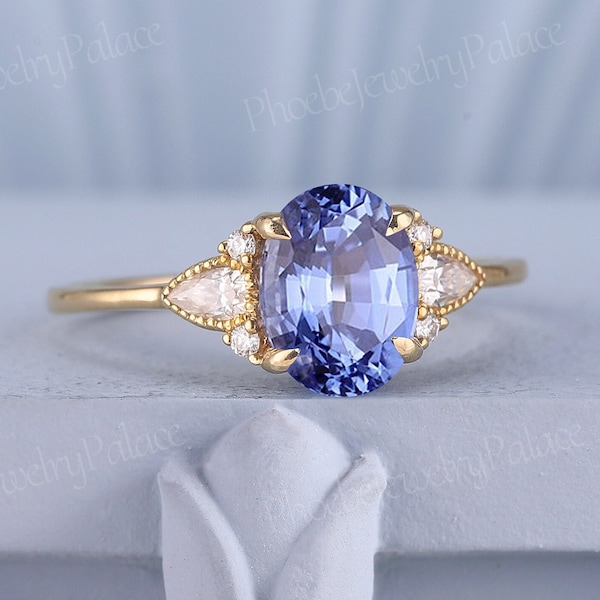 Vintage 1.8ct Oval Cornflower Sapphire Engagement Ring Minimalism Wedding Rings for Women Solid Gold Ring Diamond Cluster Ring Anniversary