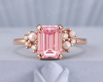 Vintage Emerald Cut Pink Sapphire Engagement Ring Unique Rose Gold Wedding Rings for Women Inspire Flora Ring Anniversary Gift Custom Ring