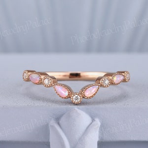 Vintage Natural White Opal Moissanite Curved Wedding Band Diamond Matching Ring Band Chevron Band V Shaped Ring Anniversary Christmas Gift